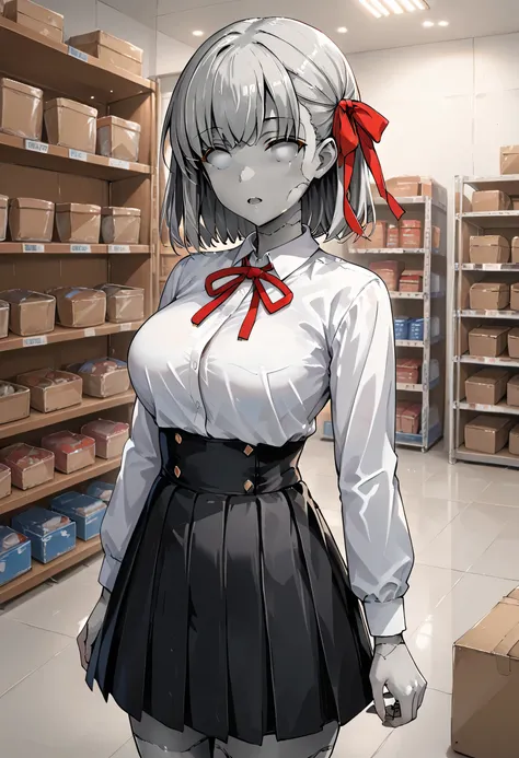 score_9, score_8_up, score_7_up, source_anime, 1girl, stone_tf, stone statue, stone hair, stone eyes, stone skin, (grey skin:1.2), grey hair, (no eyes:1.2) bb_\(fate\), large breasts, collared white shirt, hair ribbon, high-waist pleated miniskirt, neck ri...