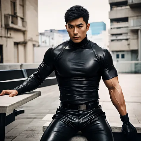 Age 30,1 man、muscular、black turtleneck shirt、Short Hair。Short Hair、Asian Face　  Upper Body Lift　 black gloves　Combatant　 handsome man、 black leather pants。bench