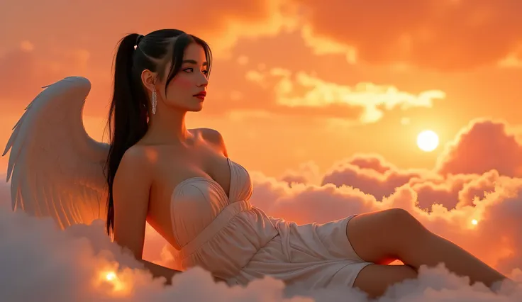 A high-quality semi-realistic digital painting of a graceful female angel resting on soft glowing clouds, bathed in warm red and orange light from a setting sun. She has a sleek black ponytail, porcelain-like skin, and a divine feminine form. Her silky whi...