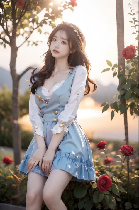 ,,(knee shot:1.4), (from below:1.3), A beautiful young woman standing gracefully in a garden of red roses at sunset, The rose as the foreground, the character as the middle scene, (Full bust, visible cleavage, very short hemline), her long hair flowing gen...