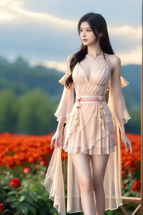 HEZI  ,,(knee shot:1.4), (from below:1.3), A beautiful young woman standing gracefully in a garden of red roses at sunset, The rose as the foreground, the character as the middle scene, (Full bust, visible cleavage, very short hemline), her long hair flowi...