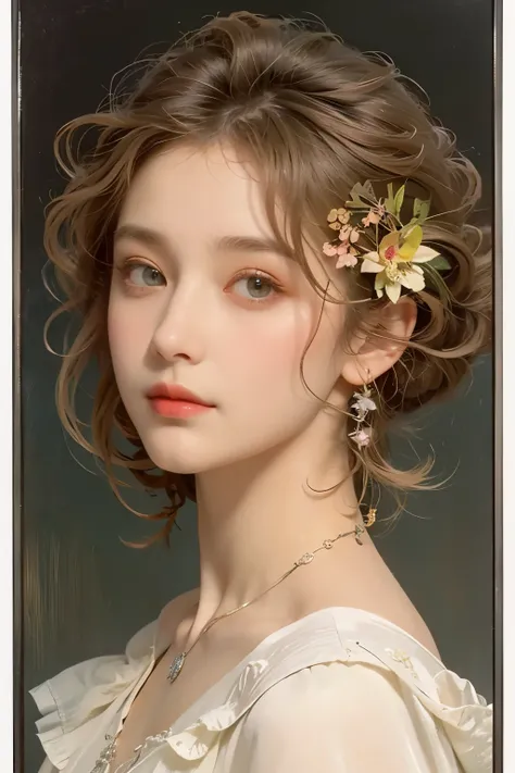 (An exquisite oil painting of a beautiful woman), rough touch, focus on the face, (a calm, gentle and bright small smile), ((almost straight medium-long silver-gray blonde hair)), (close-up), shiny skin, glossy lips, (casual pastel spring outfit), (smart f...