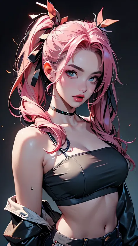 (surrealistic,32k,original photo:1.1),(, high-detail skin:1.1),  8K Ultra HD , digital SLR camera, high quality, (cosmetic), Lips, (Gentle\Lips\), (shiny translucent costume:1.1), 1woman, pink hair,  long hair,( blue eye:0.8), Hairband,  double ponytail, T...