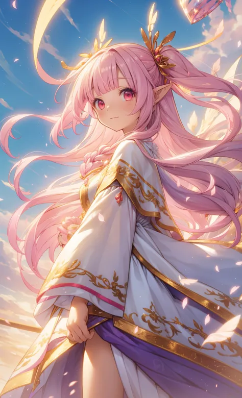 (   masterpiece、Top Quality、illustration、   very high quality   、HD、   Extremely sensitive writing   )ahoge,very long hair,pink hair,two side up,gradient hair,multicolored hair,floating hair,hair ribbon,black ribbon,hair ornament,two side up,pointy ears,ba...