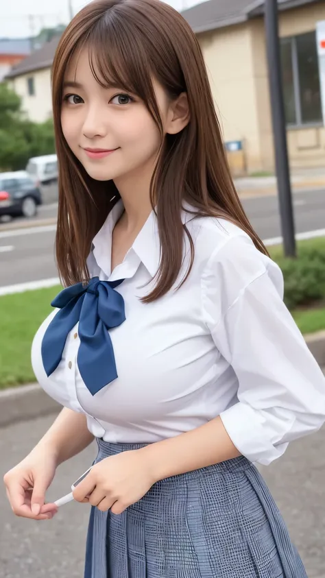 .................,, 、 skirt 、) 1 person、格子柄 skirt、white shirt,school uniform、 , Sakihime-chan ,, cute and cute , , let me eat 、 nice smile, Sakihime-chan hdri、carrying a school bag、 、beautiful breasts 、,(Big Breasts:1.20),(:1)、 brown hair、 brown...