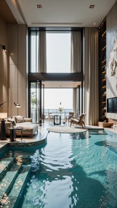4K,8K,Studio Quality,Chinese Penthouse,Swimming Pool inside Penthouse, Inside China Highclass Penthouse Tower Room with Swimming Pool,Make the Water Pool Realistic, make the photo realistic, vibes color with black and white, Billionaire Vibes Room,Full Fur...