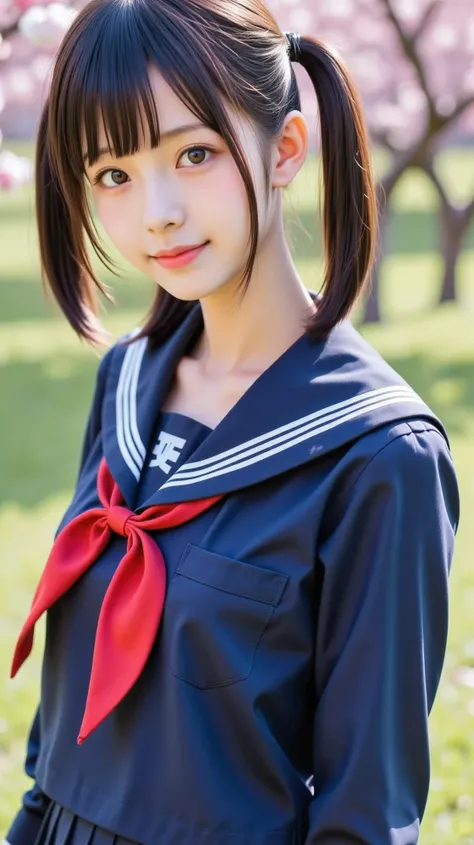 Solo, one girl, beautiful Japanese girl, navy blue long sleeved sailor suit, navy blue pleated skirt, (bunches:1.5), (pigtails:1.5), (Twintails:1.5), (Put all the hair up in the back:1.5), (She's wearing a sailor suit with a red scarf:1.5), hair tied with ...