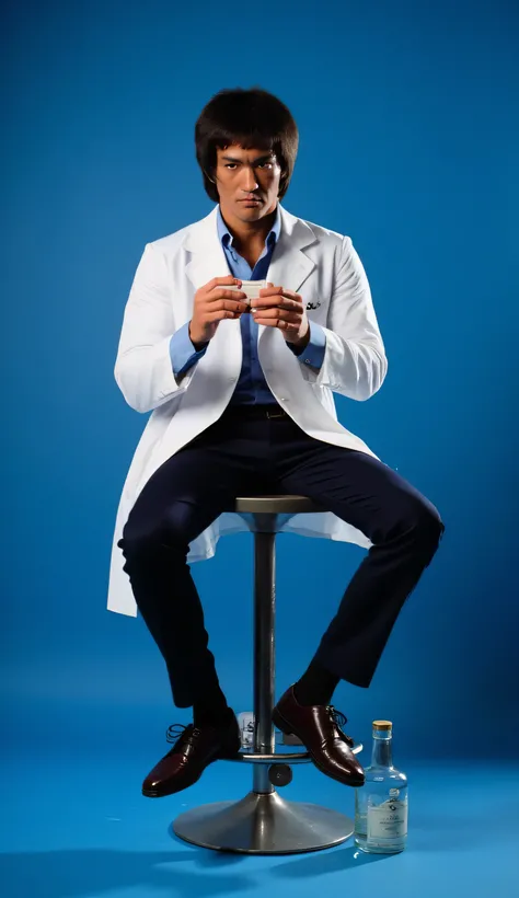 a chinese doctor with face similar to bruce lee is posing for product photography. He is holding a small drugs box. He take a shoot in a proper photography studio with blue background. Backlightning, upper lightning, front lightning. Taken with high resolu...
