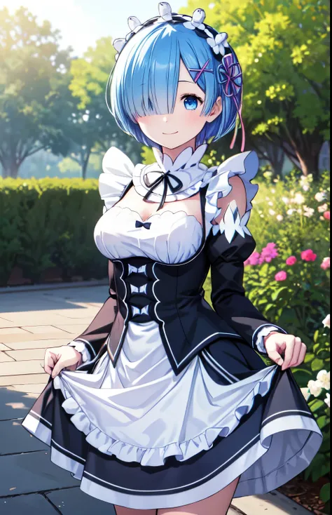 high resolution、超high resolution、masterpiece, top quality, 1 girl, top quality, is smiling、 closed his mouth、smile,Rem,garden、is standing、attractive light blue beautiful hair ,(watch,blue eyes),(smile), has one eye hidden , (Cover your right eye), hair on ...