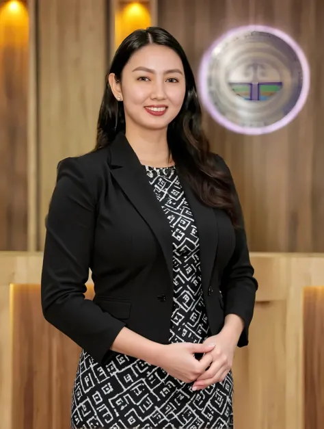 In the image, a woman is the central figure, standing confidently in front of a wooden wall. She is dressed in a black blazer  and a black and white patterned dress with large  and revealing cleavage showing her massive breasts and cleavage, adding a touch...