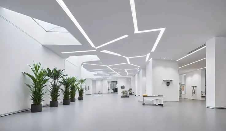 The interior of the ultra-modern hardware shop is vast, open, and intentionally unfurnished, showcasing the pure architectural form of the space. Expansive white walls rise clean and uninterrupted, meeting high ceilings with bold geometric lines and seamle...