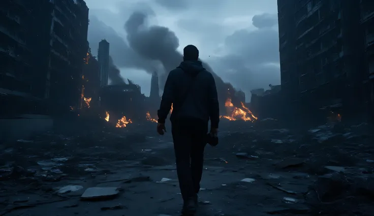 An Indonesian man with a scruffy beard, wearing a torn hoodie and a worn-out camera hanging from his neck, walks alone through a ruined futuristic Jakarta filled with smoldering buildings, collapsed skyscrapers, and smoky skies. Emotionally intense, blue-g...