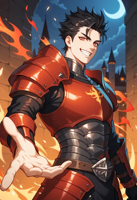 black hair, white skin, spiky hair, strong physique, glowing red eyes, black and red energy, black and red flames, man, anime style, black flames in hands, smiling, medieval castle background, night, fantastic lighting, focus on character, solo, black armo...