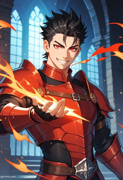 black hair, white skin, spiky hair, strong physique, glowing red eyes, black and red energy, black and red flames, man, anime style, black flames in hands, smiling, medieval castle background, night, fantastic lighting, focus on character, solo, black armo...