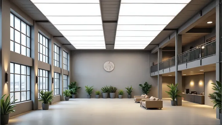 Interior of a modern industrial building with large windows , metal beams , and a mezzanine level , featuring a variety of plants , seating areas , and decorative elements