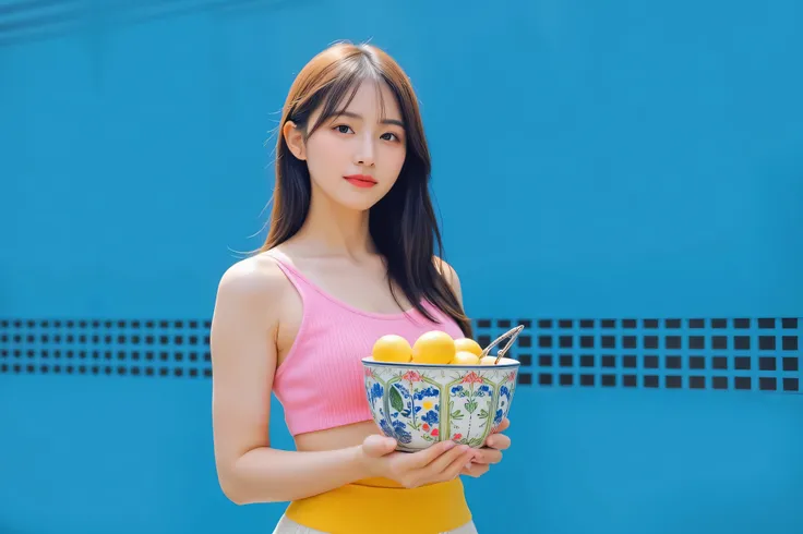 a sexy girl wearing unbuttoned shirt and shorts holding a water bowl drenched in water posing for camera