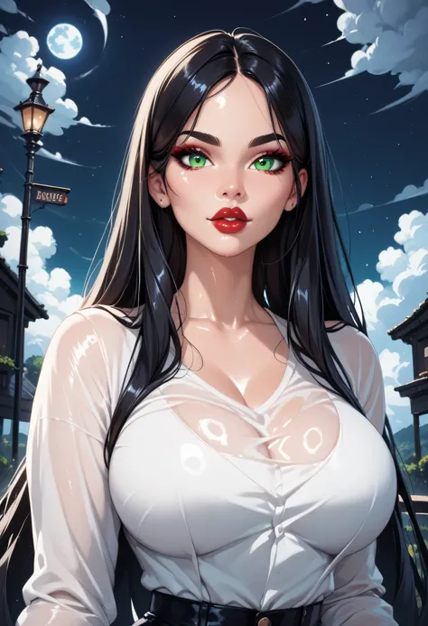(perfect face, perfect body), black hair, very long straight hair, black thin eyebrows, green eyes, black eyeliners, nose, thick lips, red lips, beautiful face, large breasts, shirt, (shiny skin), looking at viewer, (night sky, cloud sky, roading)
