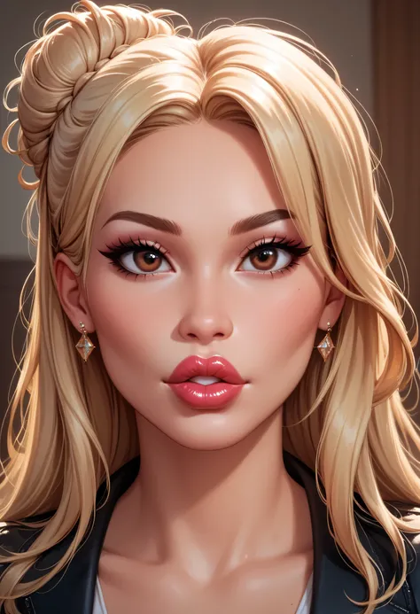 ((Perfect Face, Blonde Hair Bun, Brown Eyes, Bright Red Thick Lips, Female Beautiful))