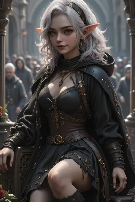 beautiful birch hair、short hair,Elf girl with glowing ivory eyes、Dark Fantasy、Sacred、pointed ears、BIOLOGICALLY CORRECT、smile、Medieval Robe,cloak,I'm showing off my legs 、fine skin、long hair、light、reflection、beautiful legs , great detail of body and face i...
