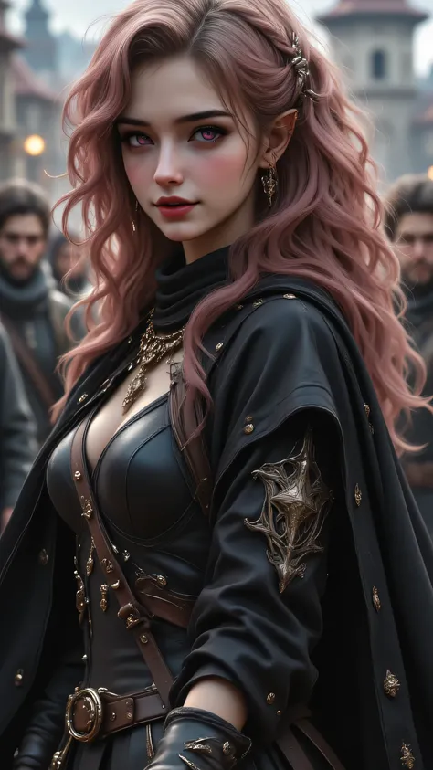 full body，dynamic pose，Elf girl with curly rose gold hair、violet-colored eyes、pointed ears、Bright Eyes That Came Up，BIOLOGICALLY CORRECT、smile、medieval leather armor、black cloak，does not reveal skin，fine skin texture、long hair、Light、reflection、beautiful le...