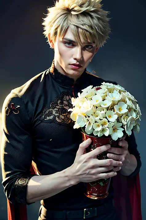 ((masterpiece, lace, super definition, high definition)), A young man, Katsuki Bakugo, MY HERO Academia, short blond hair, bright eyes, perfect red eyes , 25 years, black suit, grin, beautiful skin , backwards, sparks,