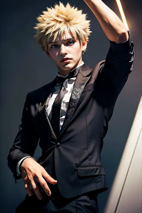 ((masterpiece, lace, super definition, high definition)), A young man, Katsuki Bakugo, MY HERO Academia, short blond hair, bright eyes, perfect red eyes , 25 years, black suit, grin, beautiful skin , backwards, sparks,