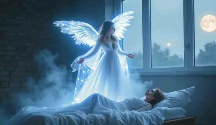 A glowing guardian angel floating in mid-air above a sleeping woman in bed, arms gently extended downward, releasing radiant cold white light and mist onto the sleeper, surrounded by ethereal white-blue fog, soft moonlight shining through the window, flowi...