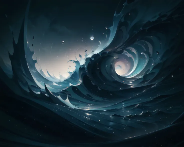 blue sea, waves, Lovecraft, It's hard to namea dark stormy seascape, crashing ocean waves, H.P. Lovecraft-inspired cosmic horror, detailed, moody, cinematic, dramatic lighting, chiaroscuro, dramatic shadows, muted colors, gloomy, foreboding, ominous, unset...