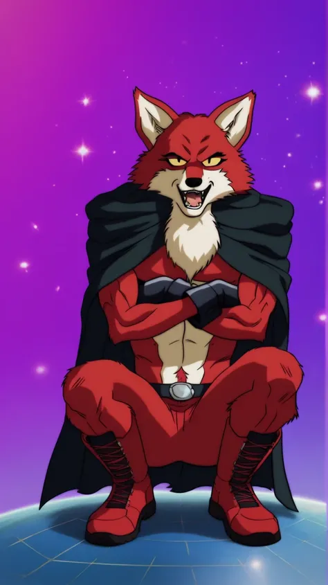 score_9, score_8_up, score_7_up, Just a boy, serious expression, Makeup for girls Basil DBS, yellow sclera,     Red body,     red fur, lobo, Of a wolf , negro, black gloves,  black nose , lobo ears, sharp teeth, fangs,  hairy, anthropomorphic), purple back...