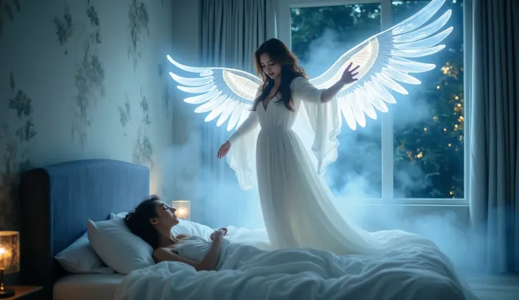 A glowing guardian angel floating in mid-air above a sleeping woman in bed, arms gently extended downward, releasing radiant cold white light and mist onto the sleeper, surrounded by ethereal white-blue fog, soft moonlight shining through the window, flowi...