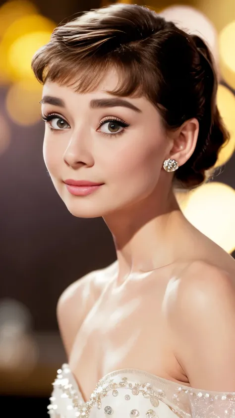 ( 8,000, best quality, masterpiece: 1.2), (realistic, realistic: 1.37), super detailed, alone, 1 girl, Young and beautiful Audrey Hepburn, holding a microphone,Anti-aging, (Skin Dimples: 1.2), ( large : 1.professional lighting, Bokeh), ( women's shirt : 1...