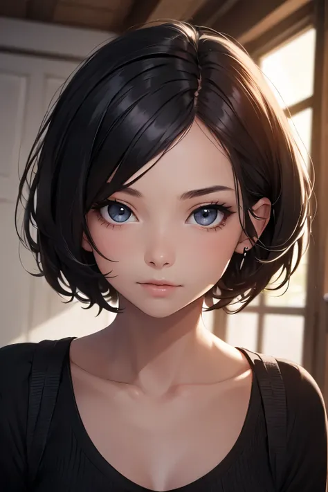  young girl, 14 anos, pretty short black hair Pixie style, bangs thrown to the right,  , wearing a casual black blouse . Best Quality, obra prima, ((pretty face)) hd, focus on the face,