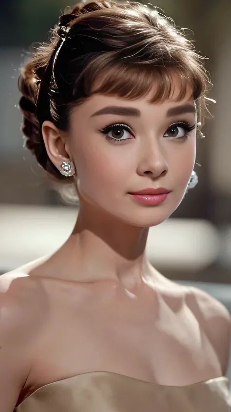 ( 8,000, best quality, masterpiece: 1.2), (realistic, realistic: 1.37), super detailed, alone, 1 girl, young and beautiful Audrey Hepburn, holding a microphone,anti-aging, (Skin Dimples: 1.2), ( large : 1.professional lighting, Bokeh), ( women's shirt : 1...
