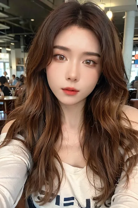 ((Masterpiece, high quality, super detailed, 8k, RAW Photo, hyper-realistic)), 1 woman, very beautiful, long wavy hair, ((brown ombre hair)), Perfect face, thin face, ((lying silkworm eyes)), shinny skin, white long sleeve t-shirt, off shoulder, in modern ...