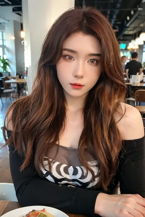 ((Masterpiece, high quality, super detailed, 8k, RAW Photo, hyper-realistic)), 1 woman, very beautiful, short wavy hair, ((brown ombre hair)), Perfect face, thin face, ((lying silkworm eyes)), shinny skin, white long sleeve t-shirt, off shoulder, in modern...