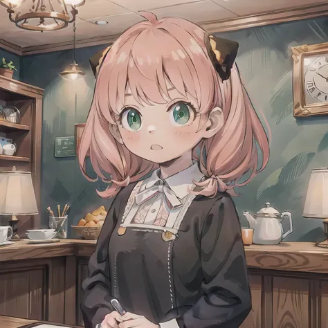 A girl is working as a waitress in a cozy cafe. She's wearing a classic maid outfit. The air feels warm and calm, and it's like you can almost smell the coffee through the picture. Pink hair, twin tails, green eyes.
