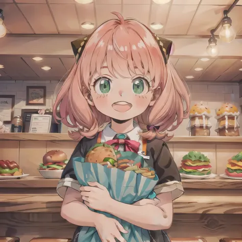 She is a cheerful girl working behind the counter at a cozy burger shop. She is wearing a cute burger shop uniform and smiling warmly at the customers. The background shows a bright and clean fast food counter with menu boards. Pink hair, twin tails, gree...