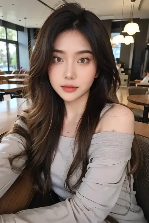 ((Masterpiece, high quality, super detailed, 8k, RAW Photo, hyper-realistic)), 1 woman, very beautiful, short wavy hair, ((gray ombre hair)), Perfect face, thin face, ((lying silkworm eyes)), shinny skin, white long sleeve t-shirt, off shoulder, in modern ...