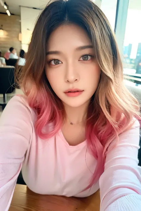 ((Masterpiece, high quality, super detailed, 8k, RAW Photo, hyper-realistic)), 1 woman, very beautiful, short wavy hair, ((pink ombre hair)), Perfect face, thin face, ((lying silkworm eyes)), shinny skin, white long sleeve t-shirt, in modern cafe, look at ...