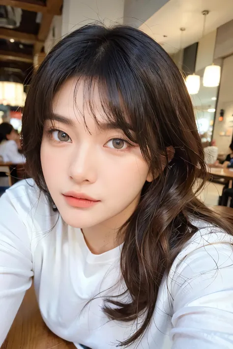 ((Masterpiece, high quality, super detailed, 8k, RAW Photo, hyper-realistic)), 1 woman, very beautiful, short wavy hair, Perfect face, thin face, ((lying silkworm eyes)), shinny skin, white long sleeve t-shirt, in modern cafe, look at the camera, slim body...