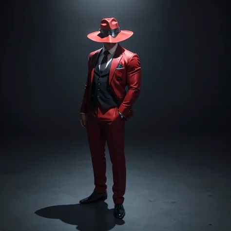 A tall, powerfully built man (Mr. Luna) stands in a commanding yet refined pose, clad in a sleek, form-fitting crimson red suit that highlights his muscular frame. His face is entirely concealed by a smooth black mask, adding to his enigmatic presence. He ...
