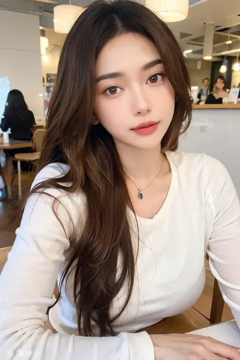 ((Masterpiece, high quality, super detailed, 8k, RAW Photo, hyper-realistic)), 1 woman, very beautiful, short wavy hair, Perfect face, thin face, ((lying silkworm eyes)), shinny skin, white long sleeve t-shirt, in modern cafe, look at the camera, slim body...