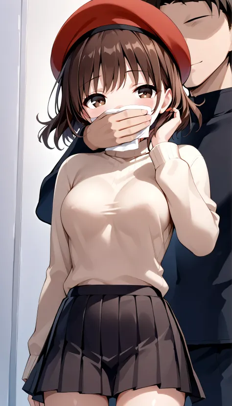 Highly detailed image, 1 girl, Yumi Omura, brown hair, dark eyes, pretty face, feminine, sexy, medium breasts, school yard, turtleneck sweater, black pleated miniskirt, sleepy, chcl3, 1boy, grabbing from behind, hand over another's mouth, cover another's m...