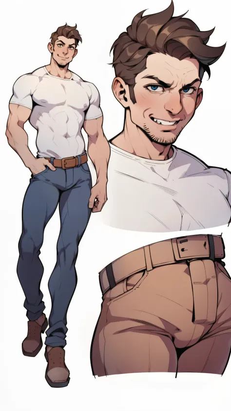 picture of a slim man, 1guy, pat32, pat 33, 4k, short brown hair, highly detailed, white shirt and jeans, standing, young, charming, (plain white background), (upper body portrait), smile, (reference sheet, simple white background, (multiple views))