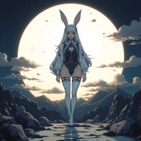 30-year-old woman、bunny girl、Big full moon background、A crater on the moon with rabbit pattern、princess、grow、 majestic、Halo、greatest masterpiece、top quality、anatomically accurate、anatomically accurateな女性、anatomically accurateな満月、 on the cliff、nature、confid...