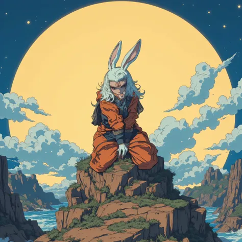 30-year-old woman、bunny girl、Big full moon background、A crater on the moon with rabbit pattern、princess、grow、 majestic、Halo、greatest masterpiece、top quality、anatomically accurate、anatomically accurateな女性、anatomically accurateな満月、 on the cliff、nature、confid...