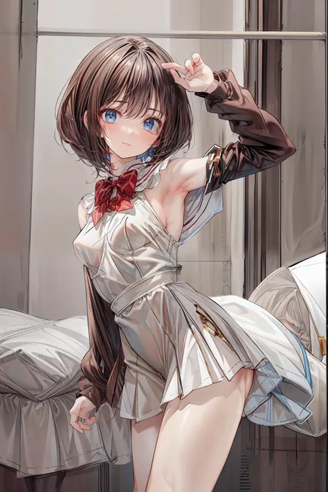 (8k、  Best image quality taken by Ki 、 top quality 、masterpiece)、 Detailed Faces 、(( two girls))、(( twins ))、nipples、 black hair、 twin tails、dull bangs、 light blue eyes 、(( small breasts))、(( white shirt))、((Open your clothes))、(( black pleated skirt))、(( ...