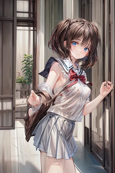 (8k、  Best image quality taken by Ki 、 top quality 、masterpiece)、 Detailed Faces 、(( two girls))、(( twins ))、nipples、 black hair、 twin tails、dull bangs、 light blue eyes 、(( small breasts))、(( white shirt))、((Open your clothes))、(( black pleated skirt))、(( ...