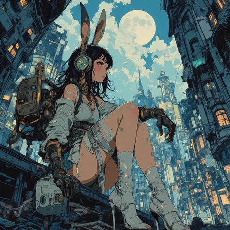 30-year-old woman(looks)Face it、and stare at each other、bunny girl(2people)、Big Breasts、cleavage、Hami Breasts、Racy High Leg、Big full moon background(Luminosity)、lunar crater(rabbit pattern)、princess、grow、 majestic、Halo、greatest masterpiece、top quality、anat...