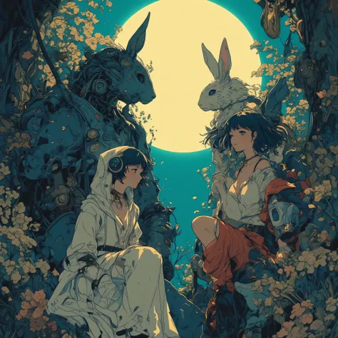 30-year-old woman(looks)Face it、and stare at each other、bunny girl(2people)、Big Breasts、cleavage、Hami Breasts、Racy High Leg、Big full moon background(Luminosity)、lunar crater(rabbit pattern)、princess、grow、 majestic、Halo、greatest masterpiece、top quality、anat...
